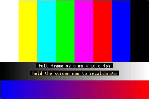 The colour bars, with the measured frame time: full frame 92.8 ms = 10.8 fps