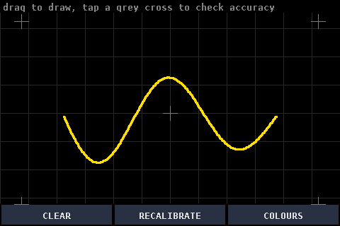 The touch tester: a yellow line drawn across the grid, with CLEAR, RECALIBRATE and COLOURS along the bottom