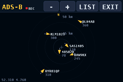The ADS-B map: aircraft with callsigns and altitudes around the centre, inside range rings