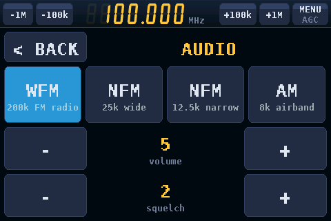 The Audio page: WFM, NFM 25k, NFM 12.5k and AM keys, with volume and squelch steppers