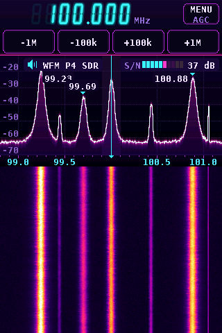 The receiver in portrait, Neon look: the step keys in a row under the frequency, the spectrum over the waterfall