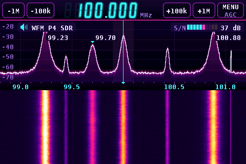 The receiver in the Neon look: a white trace with a magenta glow over a violet waterfall at 100.000 MHz