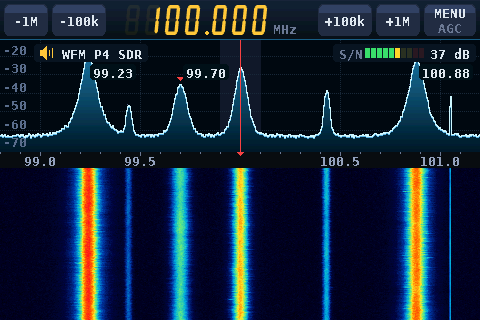 The receiver in the Studio look: a blue spectrum over a waterfall at 100.000 MHz, with signal markers, the S/N meter and the WFM plate
