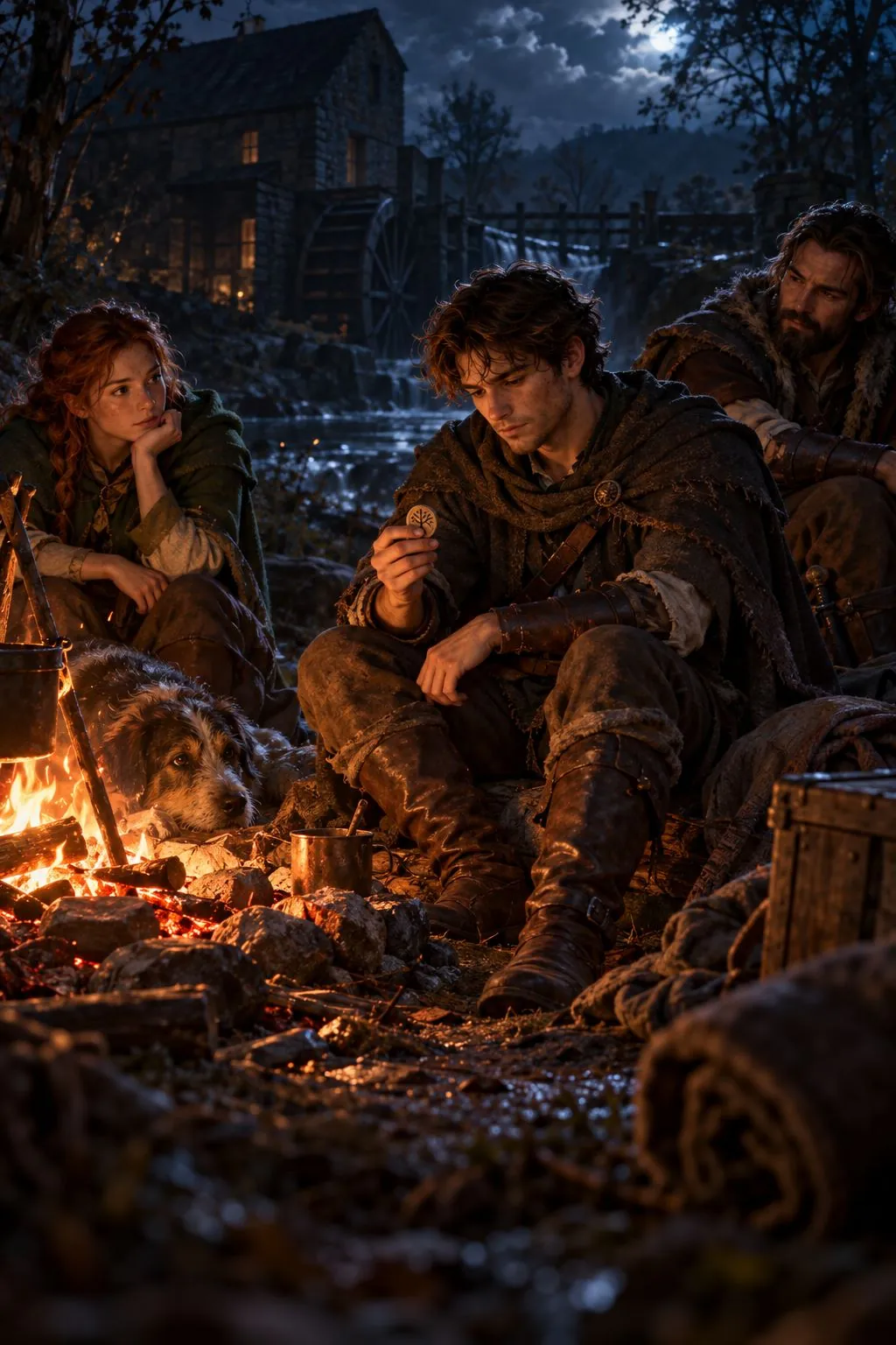 The company at a campfire outside Ashbrook