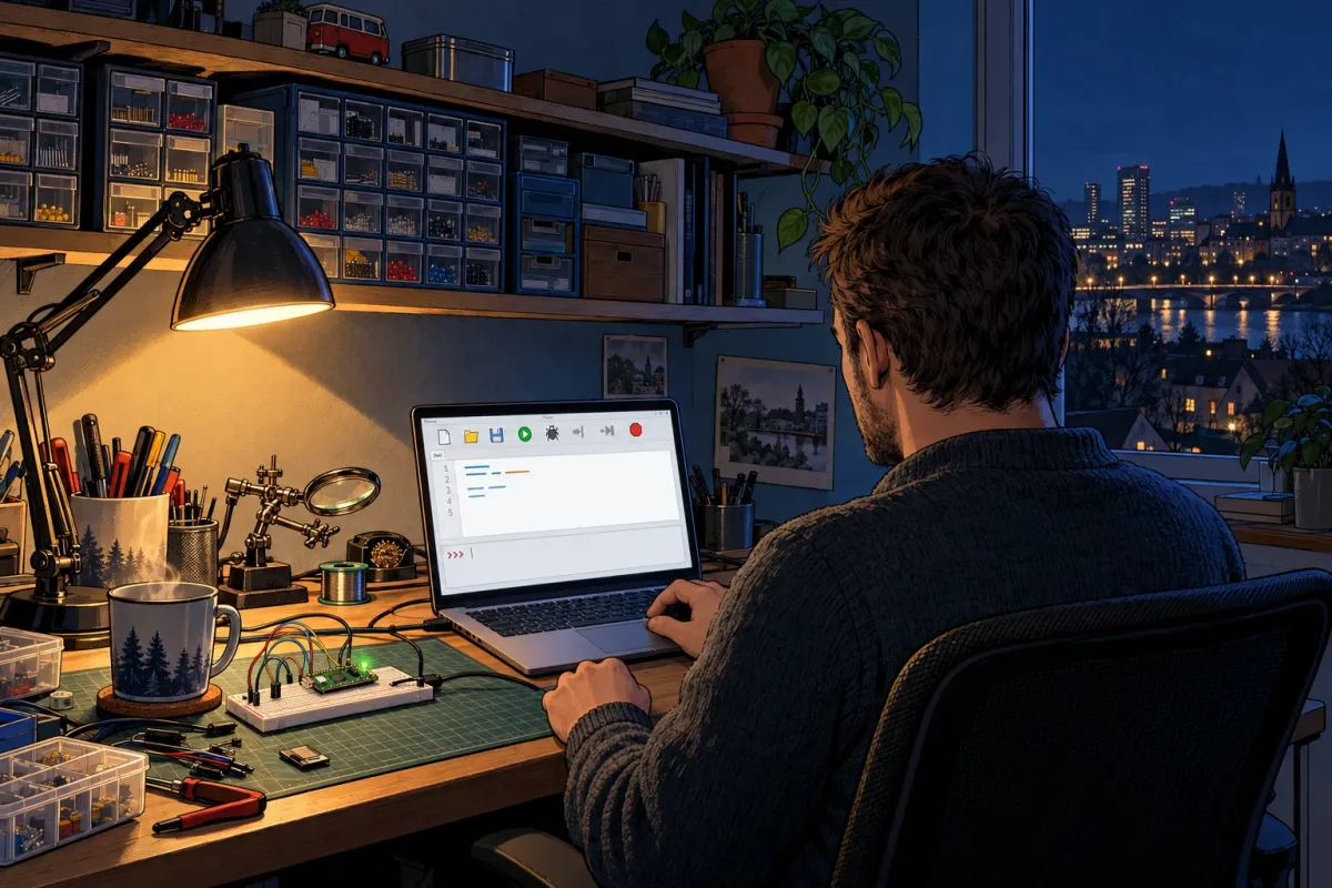 The opening panel: John at his workbench at night, a Pico blinking on the breadboard, the city lights outside